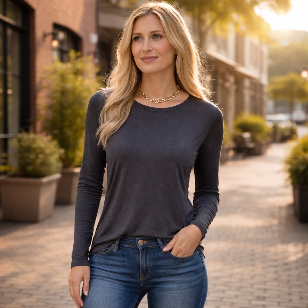 Zenana Womens XL Black Long Sleeve Crew Neck Top MT-2053AB Solid Stretch Tee